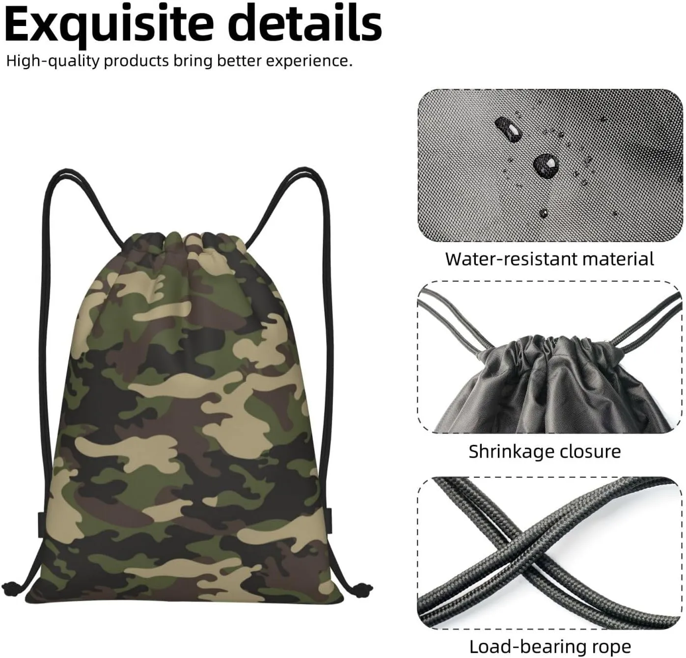 Camo Drawstring Backpack Cool Camouflage Drawstring Bags Gym Sports Bag Army Green Cinch Bag Camo Polyester Sackpack Woodland Travel Storage Bag