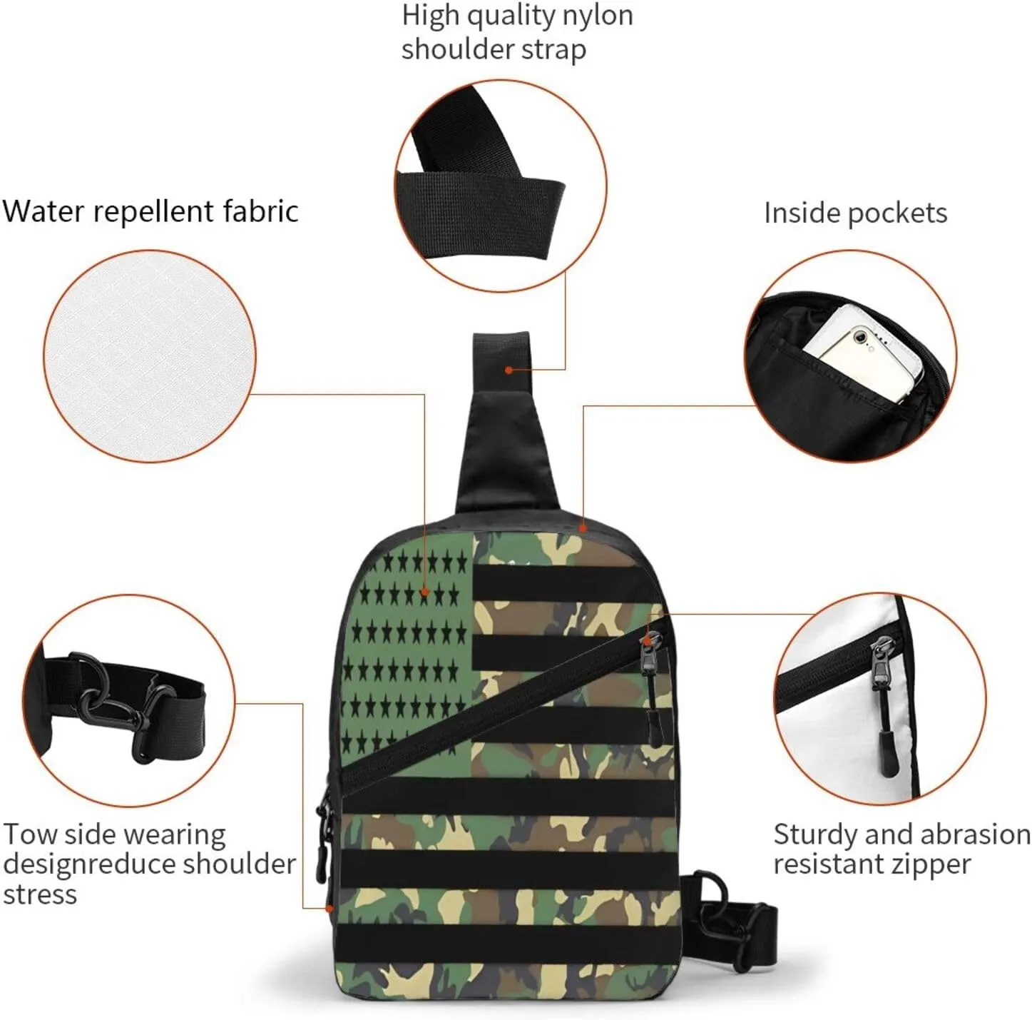 Camouflage American Flags Portable Sling Bags Packable Crossbody Bag Foldable Sport Daypack Reusable Shoulder Backpack Diagonally Chest Bag for Workout Travel