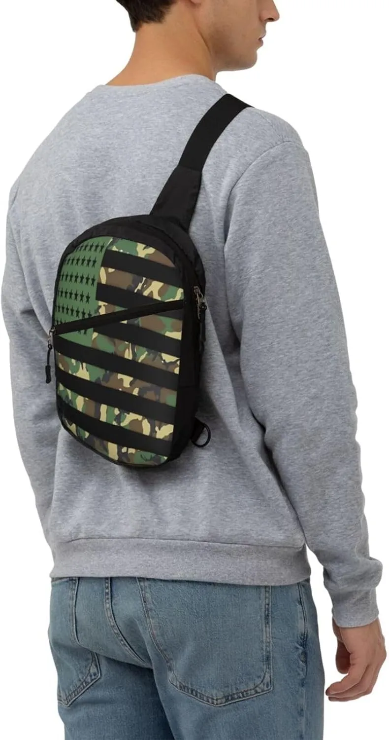 Camouflage American Flags Portable Sling Bags Packable Crossbody Bag Foldable Sport Daypack Reusable Shoulder Backpack Diagonally Chest Bag for Workout Travel