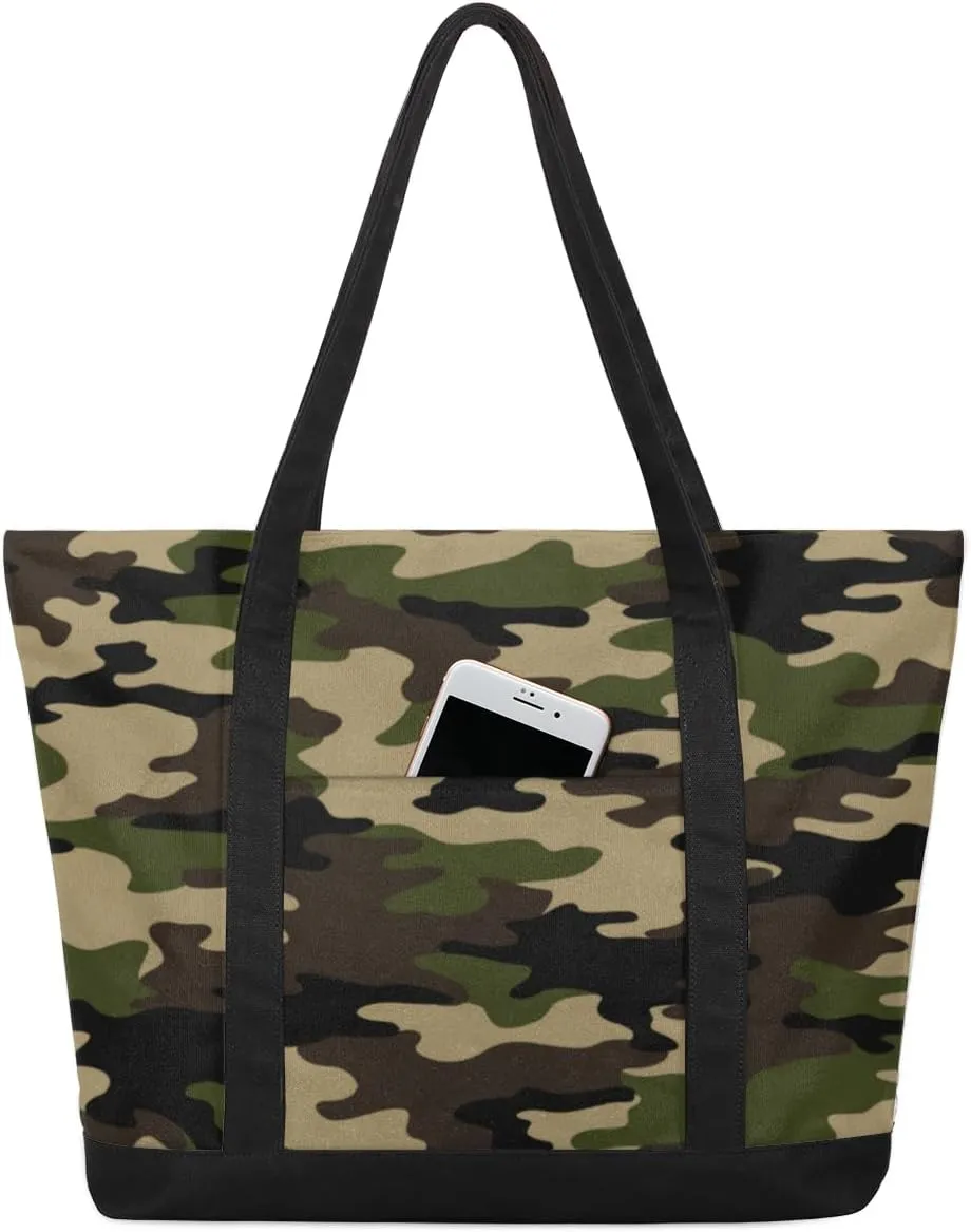 Camouflage Green Tote Bag Tote Bag for Women Reusable Grocery Shopping Cloth Bags with Zipper Large Capacity Foldable Handbag Gym Bag for Gift Activity