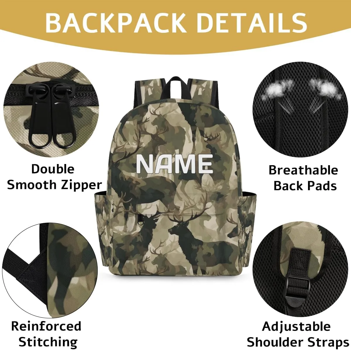 Camouflage Military Customized Kids Backpack for Boys Girls Deer Animal Personalized Preschool Toddler Backpack Kindergarten Nursery Bookbag Travel Children School Bag