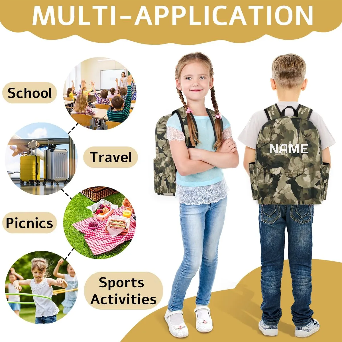 Camouflage Military Customized Kids Backpack for Boys Girls Deer Animal Personalized Preschool Toddler Backpack Kindergarten Nursery Bookbag Travel Children School Bag