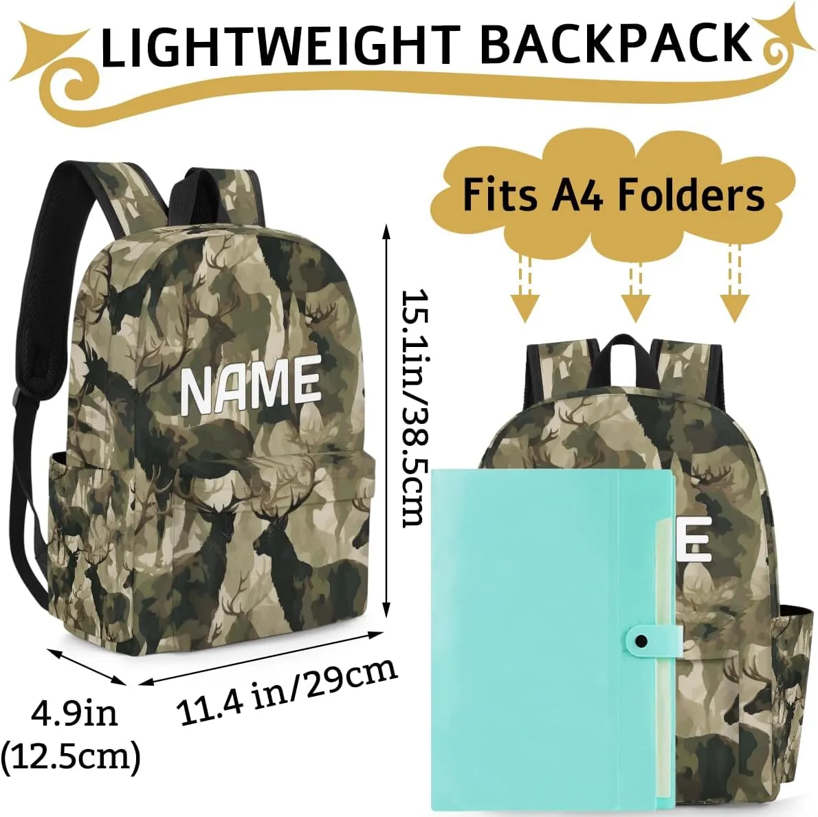 Camouflage Military Customized Kids Backpack for Boys Girls Deer Animal Personalized Preschool Toddler Backpack Kindergarten Nursery Bookbag Travel Children School Bag