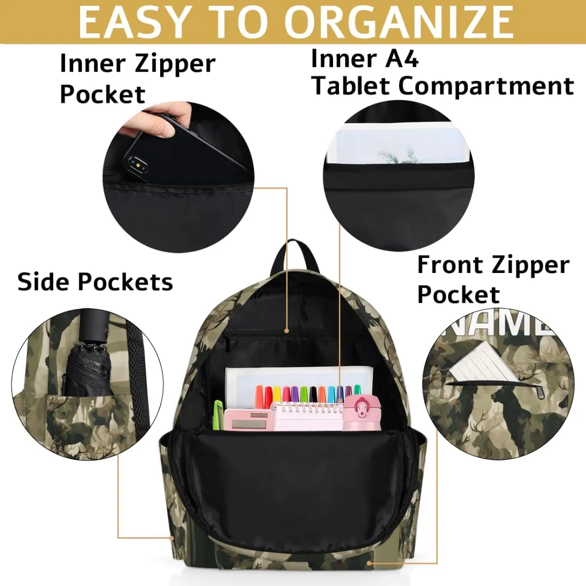 Camouflage Military Customized Kids Backpack for Boys Girls Deer Animal Personalized Preschool Toddler Backpack Kindergarten Nursery Bookbag Travel Children School Bag