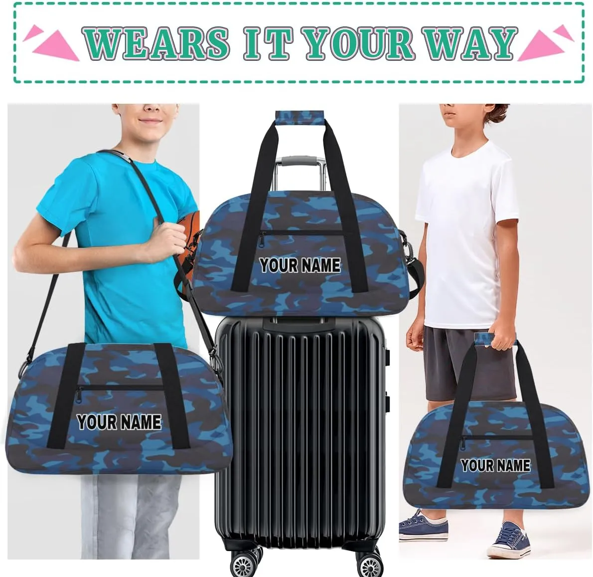 Camouflage Personalized Gym Bag for Girls, Custom Sports Gym Bag Girls Dance Bag, Customized Kids Duffel Bags Weekender Overnight Bag Travel Duffel Bag for Kids Teen, Camoufalge 15, 18.9x8.7x10.6 in