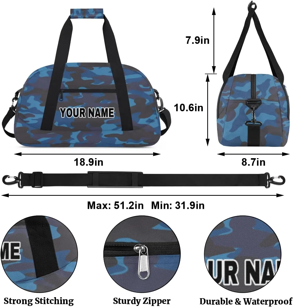 Camouflage Personalized Gym Bag for Girls, Custom Sports Gym Bag Girls Dance Bag, Customized Kids Duffel Bags Weekender Overnight Bag Travel Duffel Bag for Kids Teen, Camoufalge 15, 18.9x8.7x10.6 in