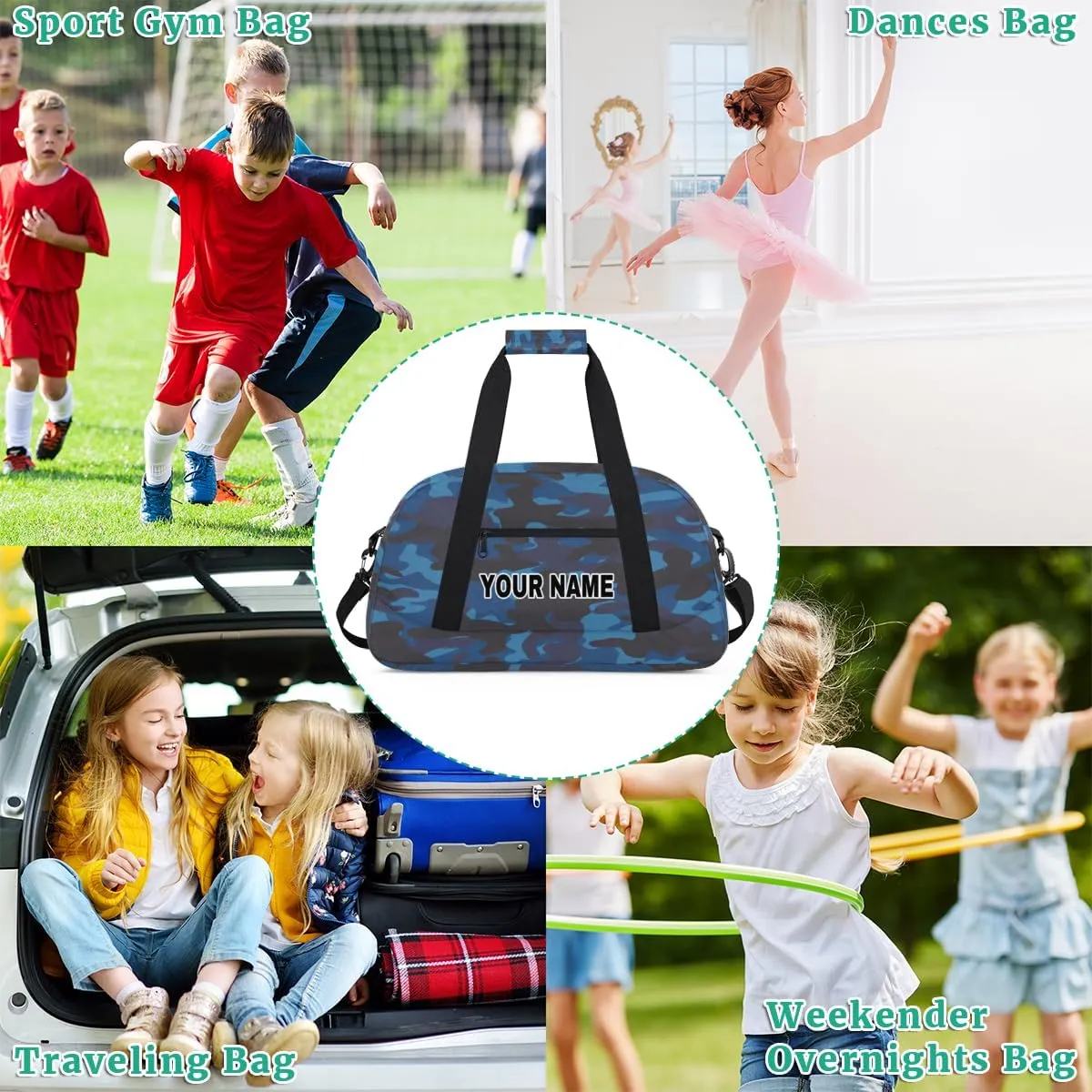 Camouflage Personalized Gym Bag for Girls, Custom Sports Gym Bag Girls Dance Bag, Customized Kids Duffel Bags Weekender Overnight Bag Travel Duffel Bag for Kids Teen, Camoufalge 15, 18.9x8.7x10.6 in