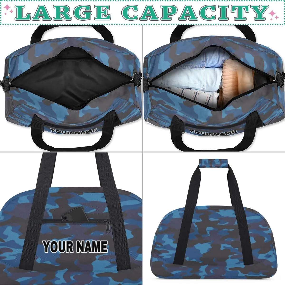 Camouflage Personalized Gym Bag for Girls, Custom Sports Gym Bag Girls Dance Bag, Customized Kids Duffel Bags Weekender Overnight Bag Travel Duffel Bag for Kids Teen, Camoufalge 15, 18.9x8.7x10.6 in