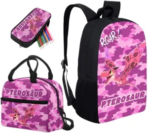 Camouflage Pterosaur Print School Bag Primary Junior High School Bag Cartoon Animal Camo Pattern Kids Shoulder Lunch Bag and Pen Case Bag Set for Kids Boys Girls
