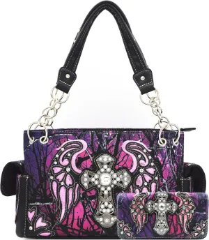 Camouflage Rhinestone Cross Laser Cut Shine Glow Wings Western Style Purse Country Handbag Women Shoulder Bag Wallet Set