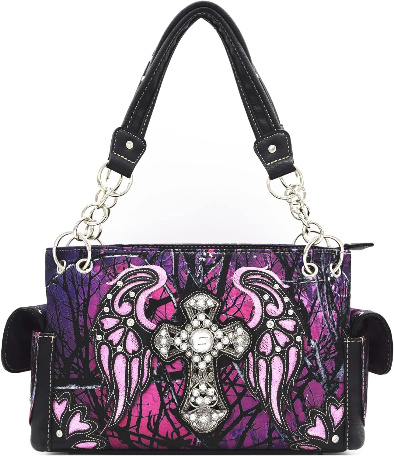 Camouflage Rhinestone Cross Laser Cut Shine Glow Wings Western Style Purse Country Handbag Women Shoulder Bag Wallet Set