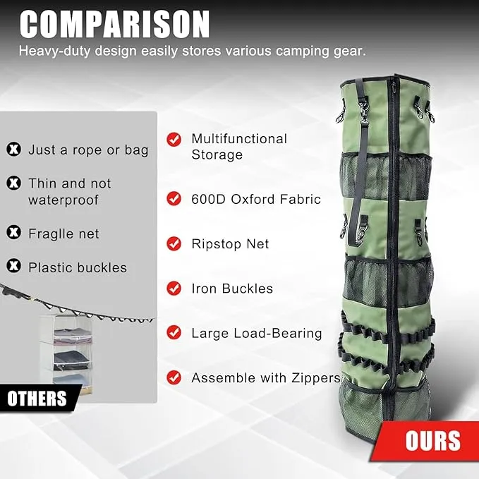 Camping Hanging Organizer - AYAMAYA Tent Organizer for Inside with Campsite Storage Straps & Mesh Pockets & Hanging Hooks for Camping, RV Camper, Picnic, One-Piece Storage Bag Multiple Can Be Spliced