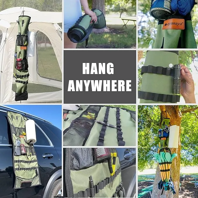 Camping Hanging Organizer - AYAMAYA Tent Organizer for Inside with Campsite Storage Straps & Mesh Pockets & Hanging Hooks for Camping, RV Camper, Picnic, One-Piece Storage Bag Multiple Can Be Spliced