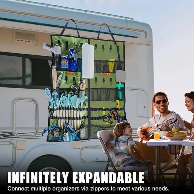 Camping Hanging Organizer - AYAMAYA Tent Organizer for Inside with Campsite Storage Straps & Mesh Pockets & Hanging Hooks for Camping, RV Camper, Picnic, One-Piece Storage Bag Multiple Can Be Spliced