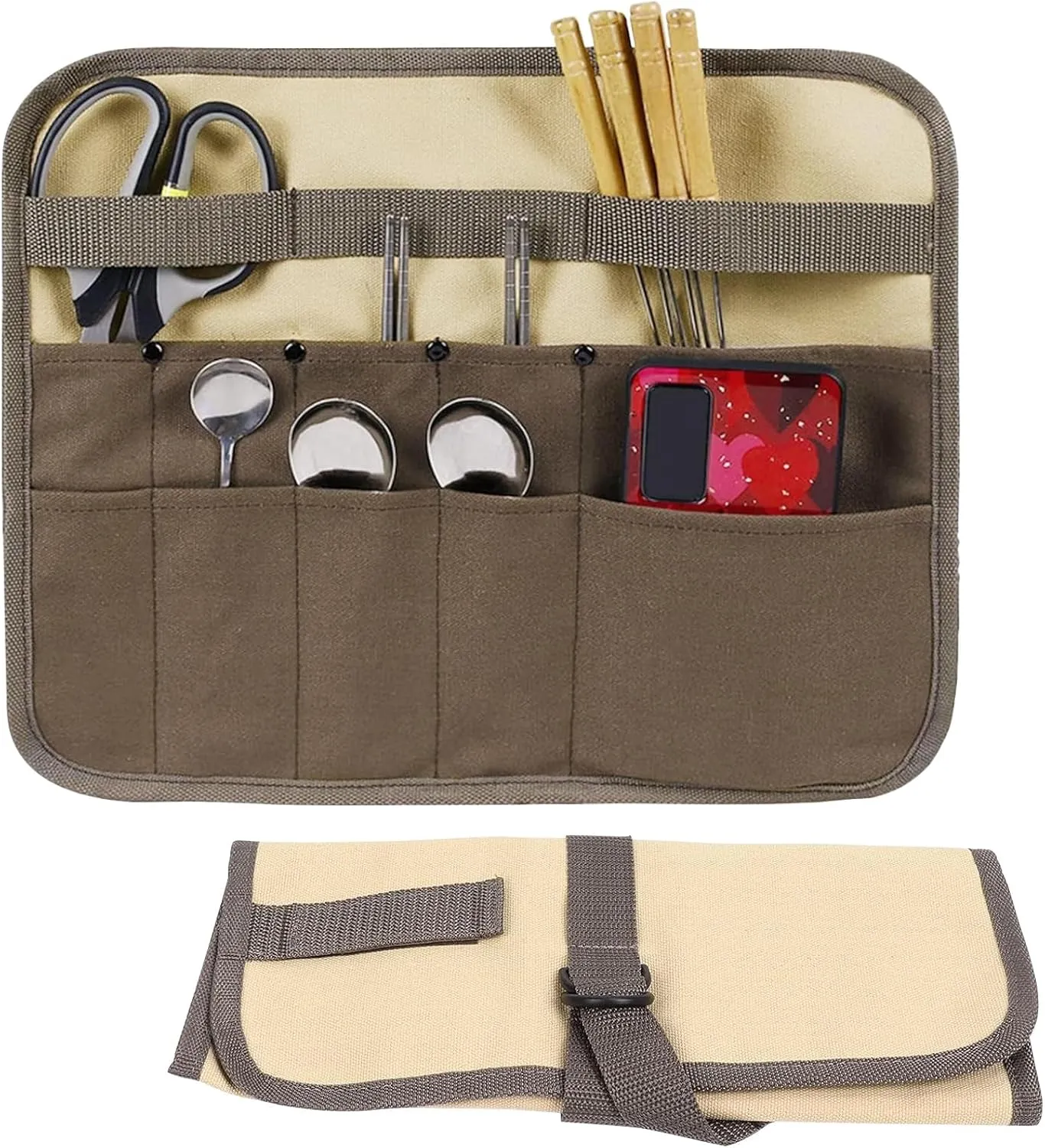 Camping Utensil Bag, Chef Knife Roll Canvas Roll up Culinary Bag Tableware Storage Hanging Knife Pouch Holder for Outdoor Barbecue Activities