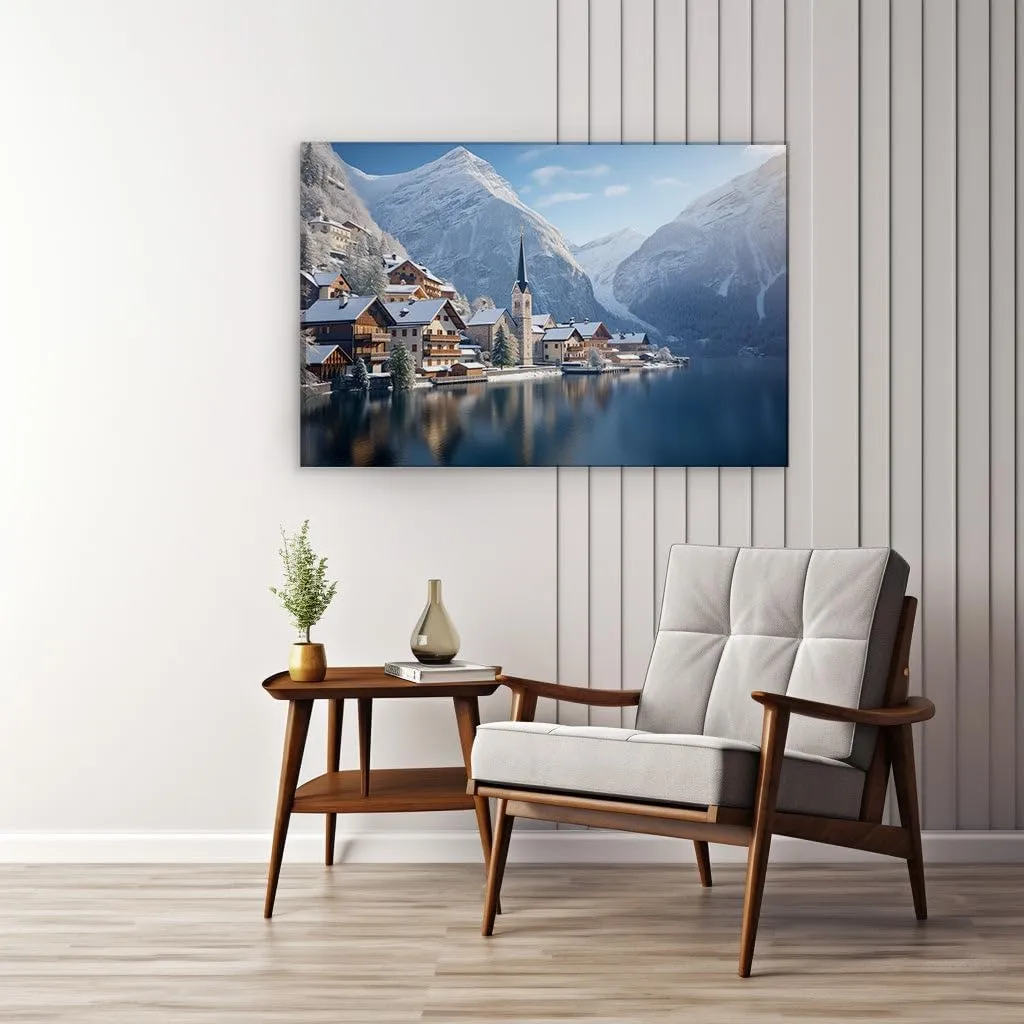 Canvas Art Design: Serene European Village In Winter With Snow-Capped Mountains And Tranquil Lake Reflection Picture, Canvas Art Design. Size: 91x61 cm (36x24 inch)