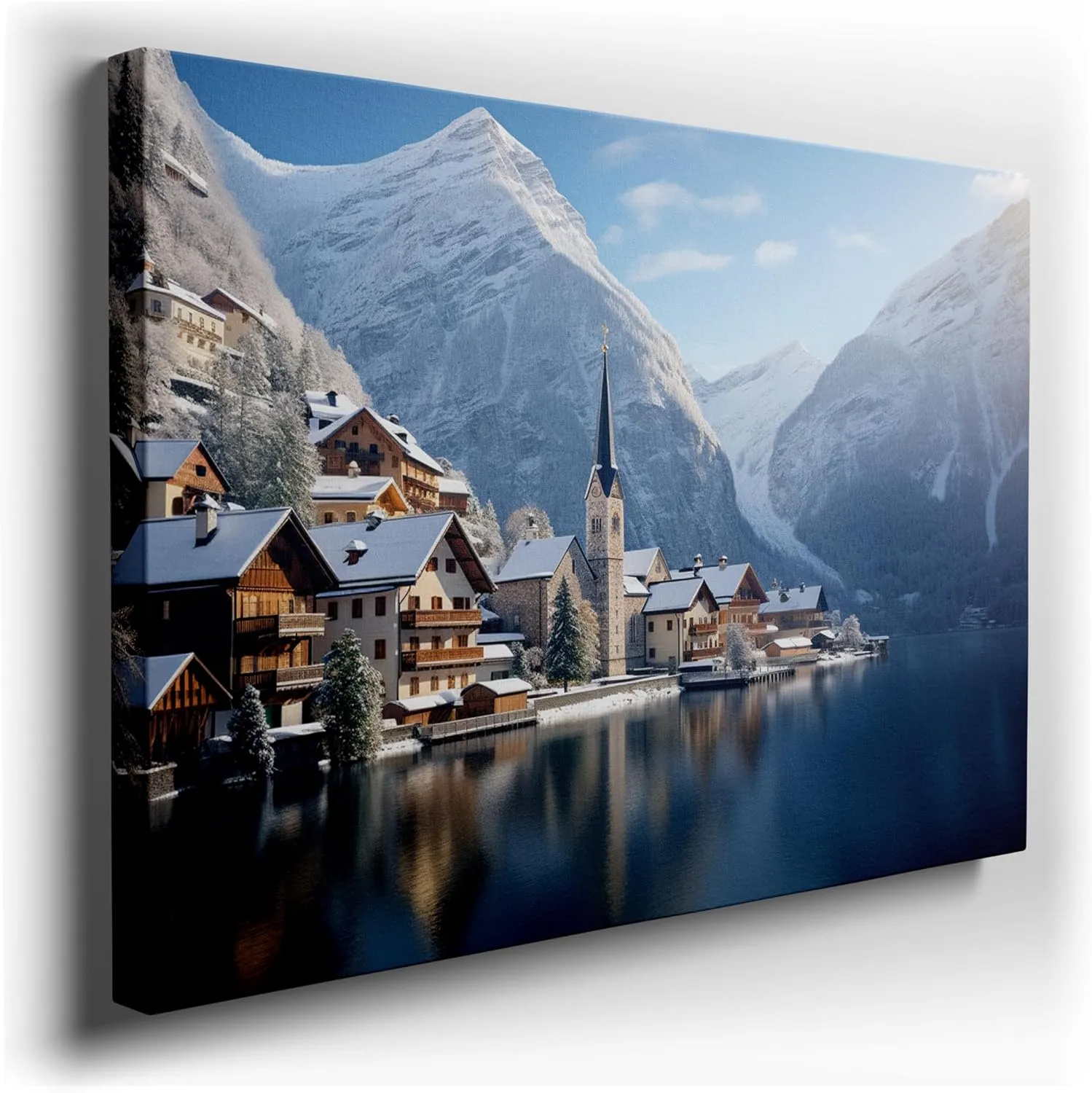 Canvas Art Design: Serene European Village In Winter With Snow-Capped Mountains And Tranquil Lake Reflection Picture, Canvas Art Design. Size: 91x61 cm (36x24 inch)