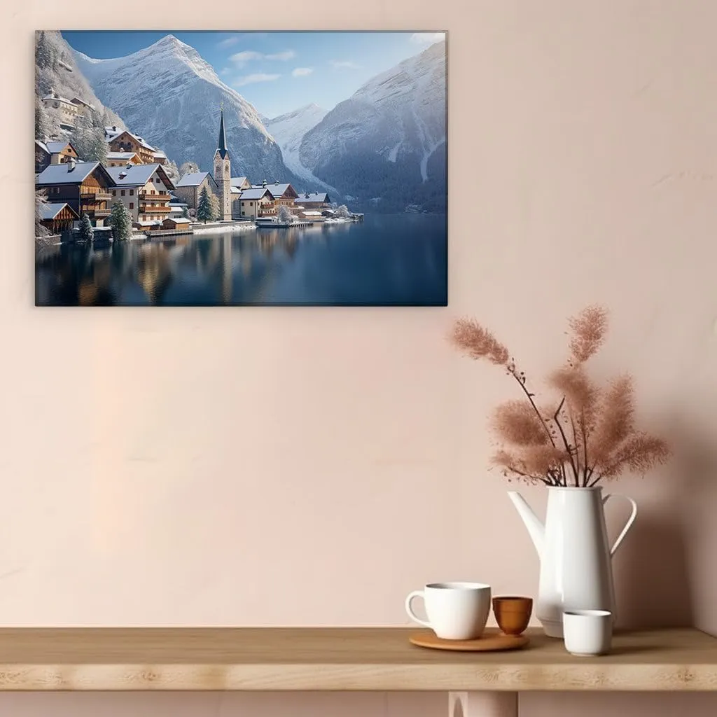 Canvas Art Design: Serene European Village In Winter With Snow-Capped Mountains And Tranquil Lake Reflection Picture, Canvas Art Design. Size: 91x61 cm (36x24 inch)