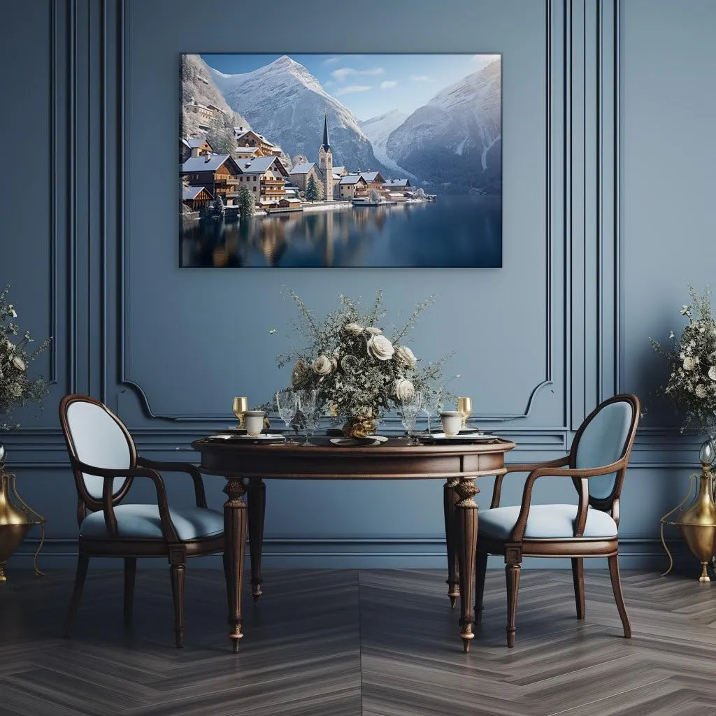 Canvas Art Design: Serene European Village In Winter With Snow-Capped Mountains And Tranquil Lake Reflection Picture, Canvas Art Design. Size: 91x61 cm (36x24 inch)