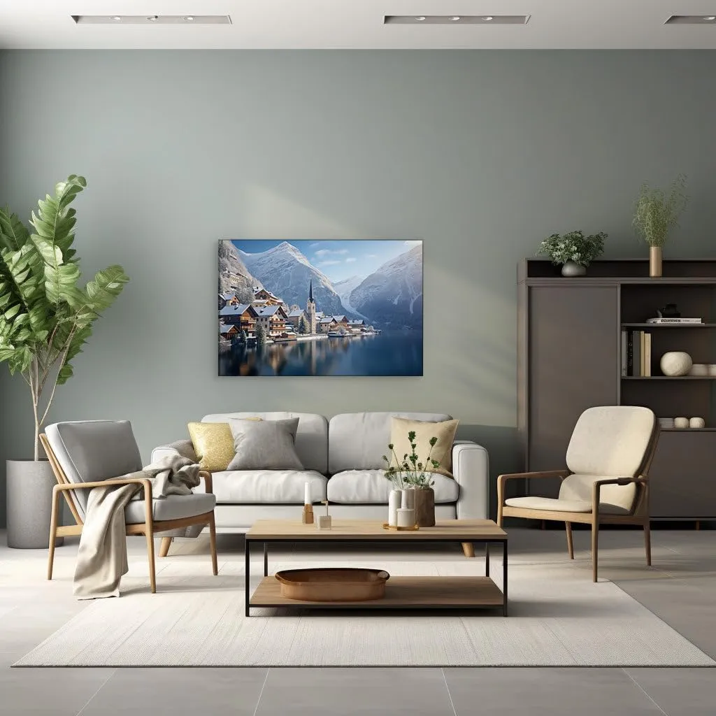Canvas Art Design: Serene European Village In Winter With Snow-Capped Mountains And Tranquil Lake Reflection Picture, Canvas Art Design. Size: 91x61 cm (36x24 inch)