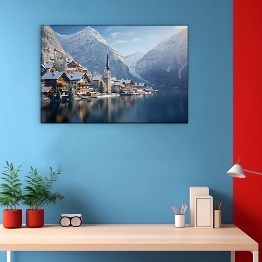 Canvas Art Design: Serene European Village In Winter With Snow-Capped Mountains And Tranquil Lake Reflection Picture, Canvas Art Design. Size: 91x61 cm (36x24 inch)