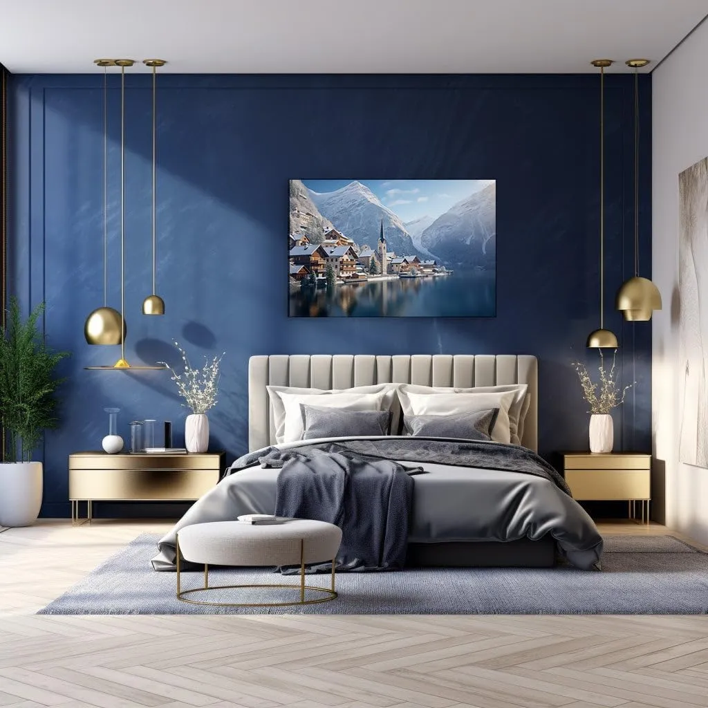 Canvas Art Design: Serene European Village In Winter With Snow-Capped Mountains And Tranquil Lake Reflection Picture, Canvas Art Design. Size: 91x61 cm (36x24 inch)