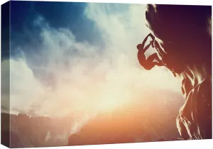 Canvas Prints Wall Art - Man Climbing on Rock Mountain at Sunset/Art of Ambition | Modern Home Deoration/Wall Art Giclee Printing Wrapped Canvas Art Ready to Hang - 32" x 48"