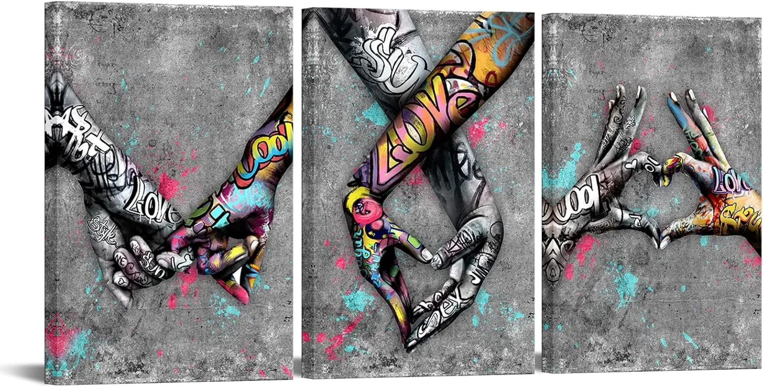 Canvas Set of 3 Street Art Gesture Heart Graffiti Art Canvas Oil Painting Love Hands Wall Art Grey Vintage Poster Prints Picture Hanging with Wood Frames for Couple Bedroom16x24inchx3pcs