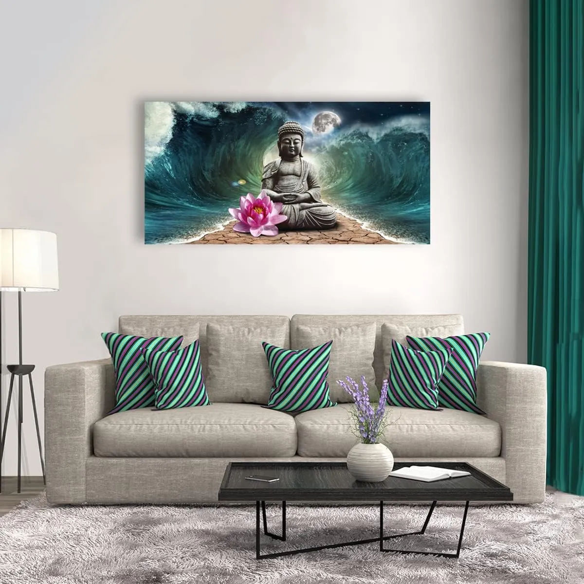 Canvas Wall Art Buddha Pictures Home Decor Grey Zen in The Background of Moon and Waves Poster Prints Painting for Living Room Bedroom Bathroom Kitchen Office Decoration Hindu Artwork 20x40 Inches