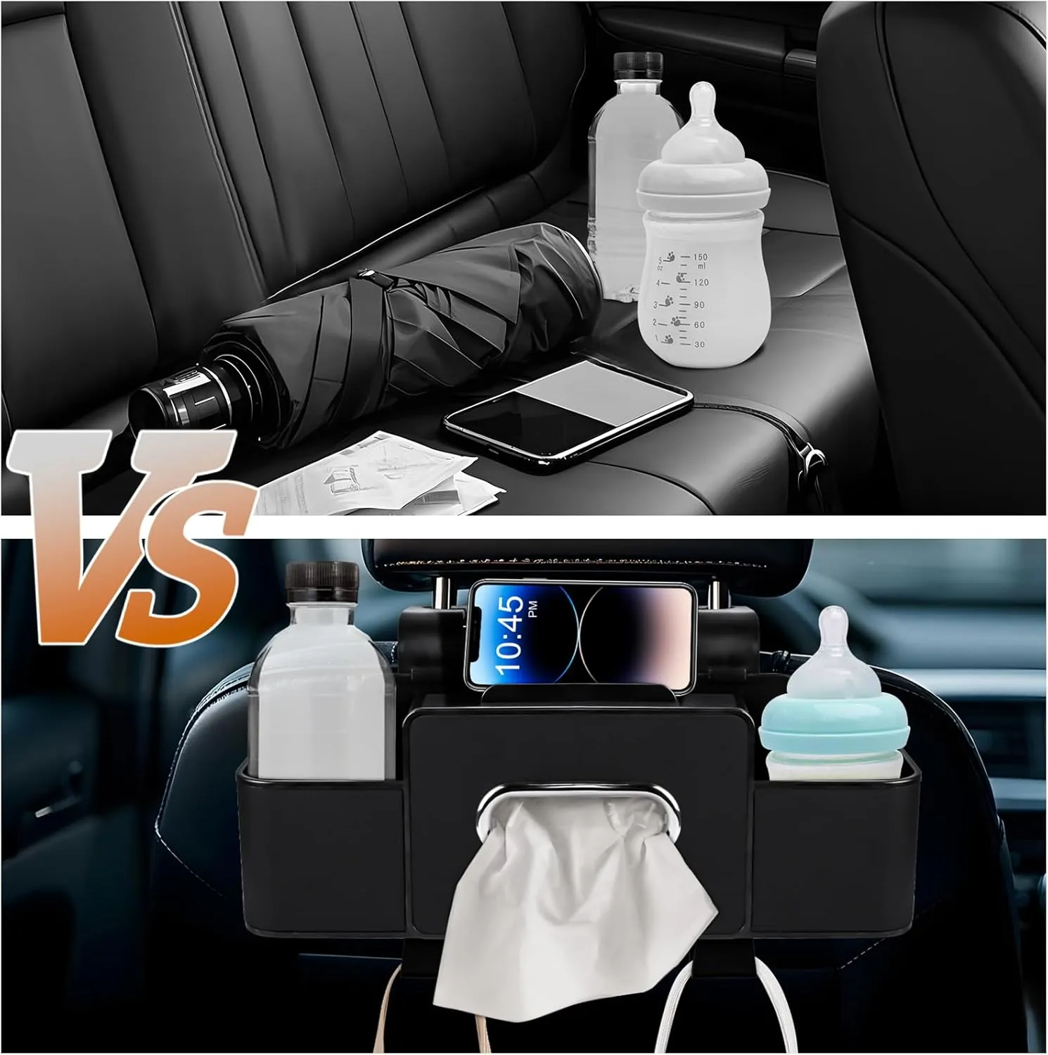 Car Back Seat Organizer with Tissue, Car Seat Back Tissue Box and Storage Hook, Multifunctional Car Organizer for Hold Phone,Drinks,Handbag,Compatible with Most Vehicles (Black)