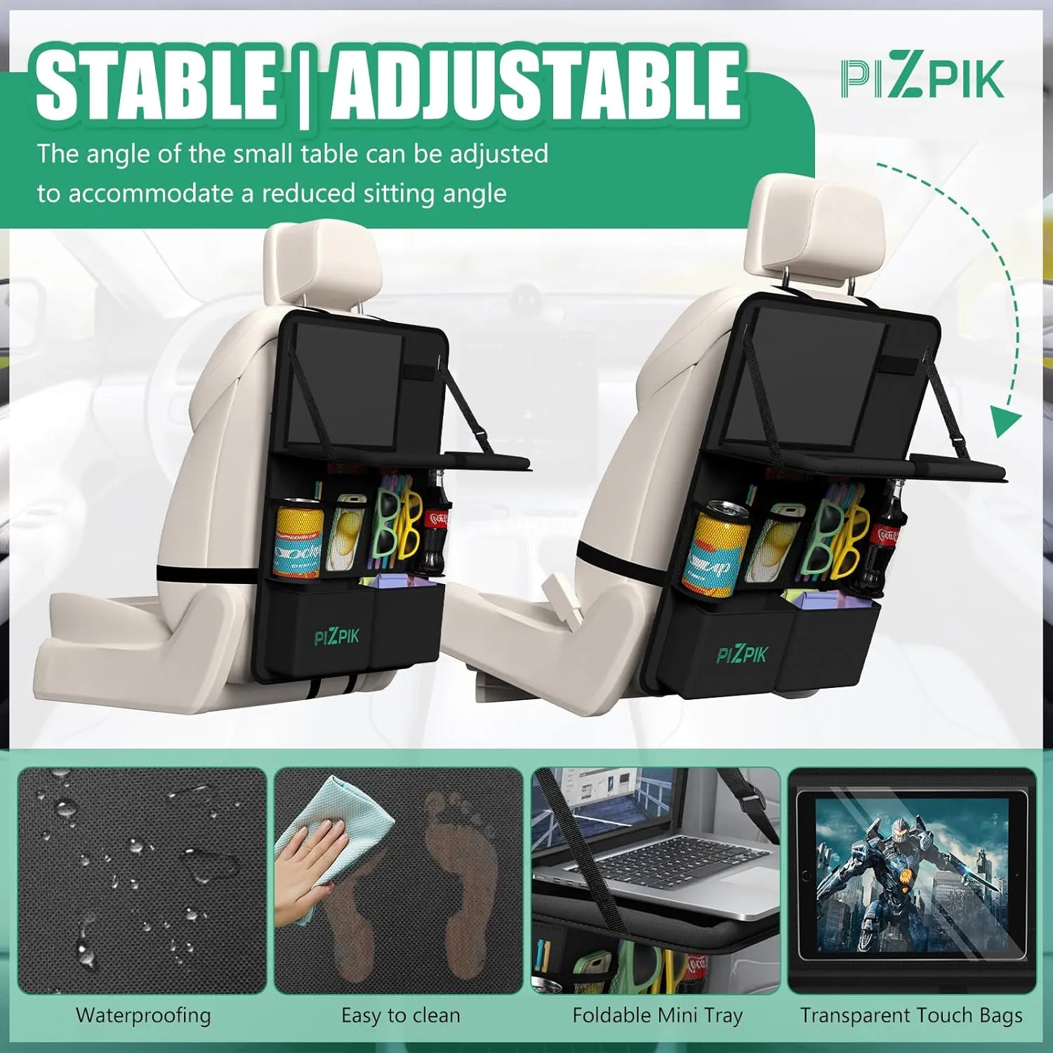 Car Backseat Organizer with Tablet Holder,11 Storage Pockets with Foldable Food Tray, Protector Kick Mats for Kids, Travel Accessories Organizer (Black, 1Pack)