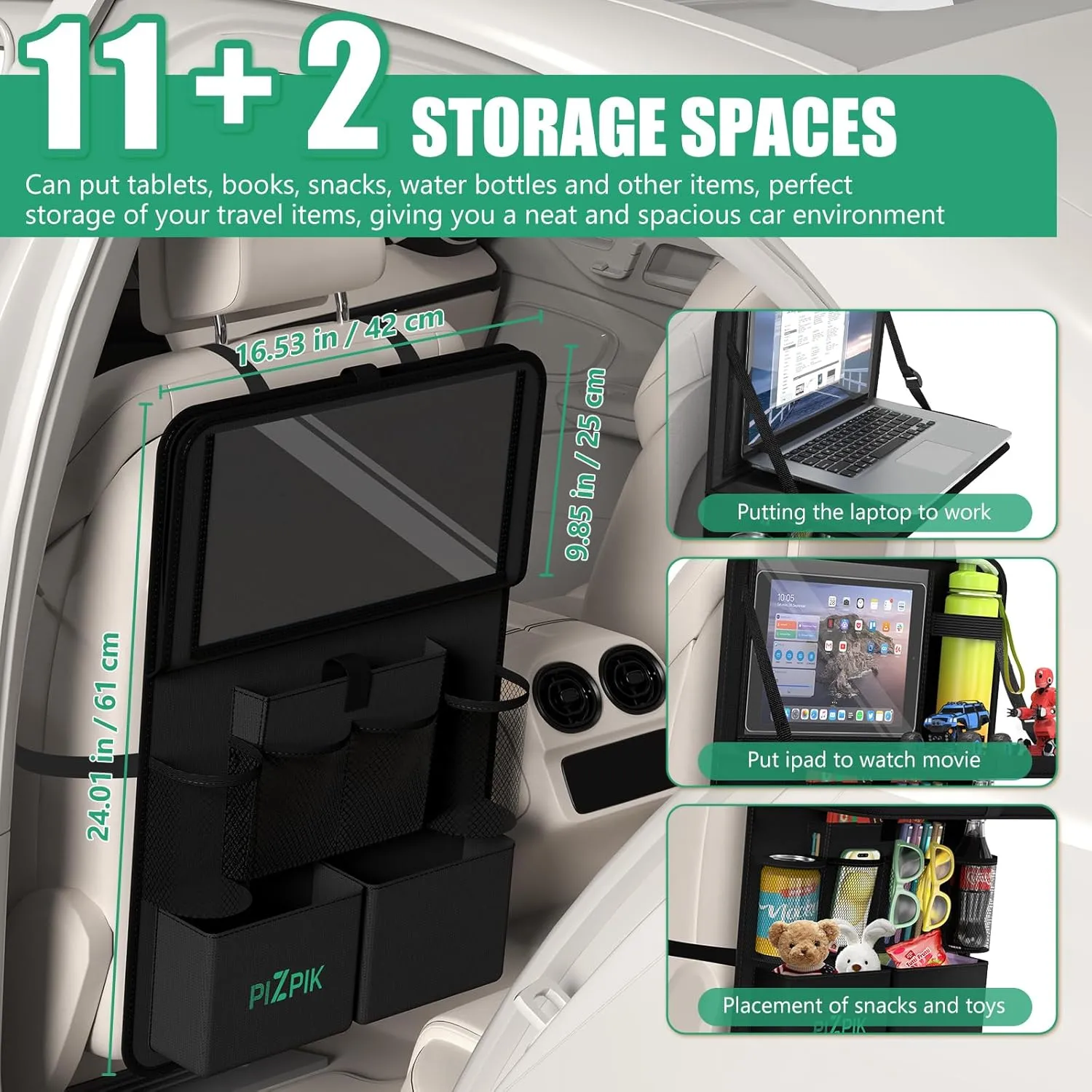 Car Backseat Organizer with Tablet Holder,11 Storage Pockets with Foldable Food Tray, Protector Kick Mats for Kids, Travel Accessories Organizer (Black, 1Pack)