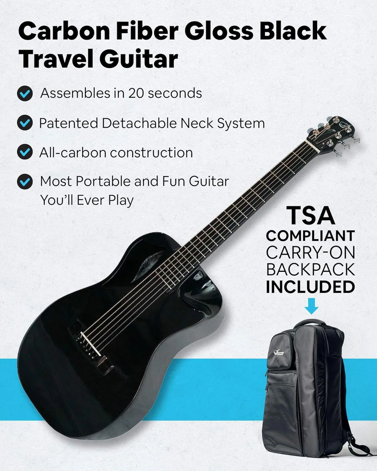 Carbon Fiber Travel Guitar – OF660 Traveling Acoustic Guitar with Collapsible Patented System – Portable Backpack Case (High Gloss Black)