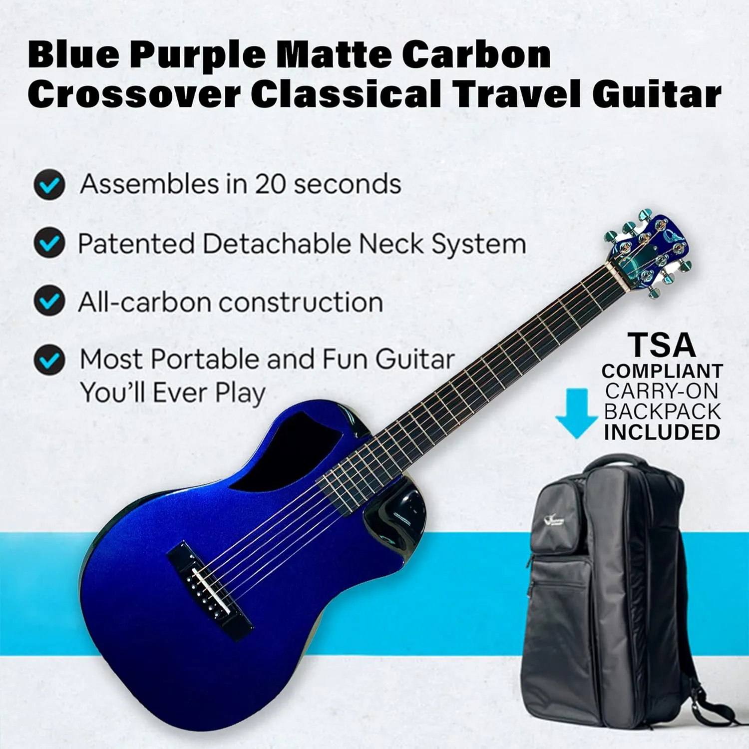 Carbon Fiber Travel Guitar – OF660BP Traveling Acoustic Guitar with Collapsible Patented System – Portable Backpack Case (Blue Purple Matte)