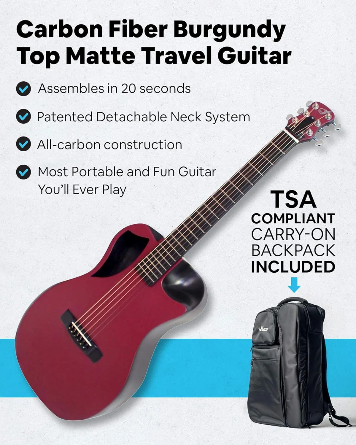 Carbon Fiber Travel Guitar – OF660R1M Traveling Acoustic Guitar with Collapsible Patented System – Portable Backpack Case (Matte Red)