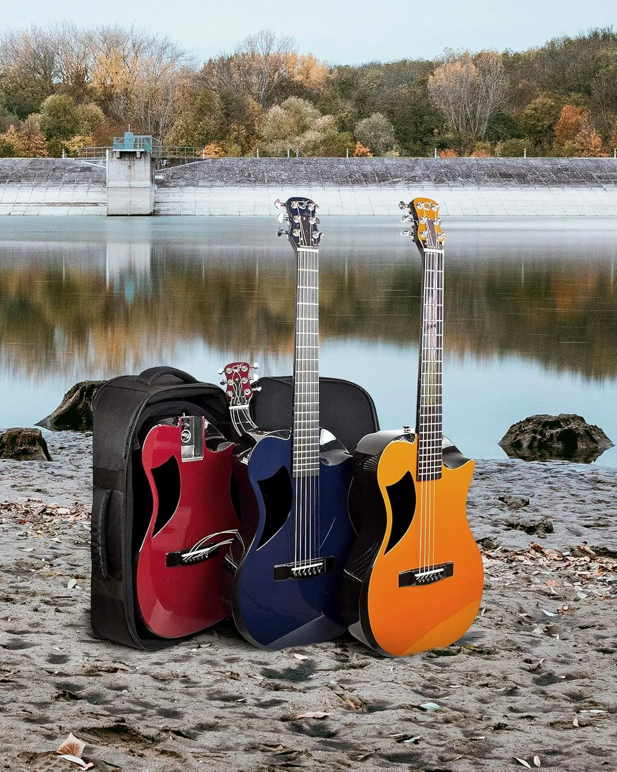 Carbon Fiber Travel Guitar – OF660R1M Traveling Acoustic Guitar with Collapsible Patented System – Portable Backpack Case (Matte Red)