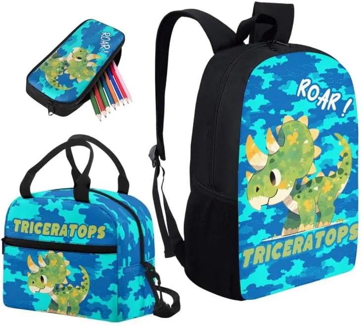 Cartoon Triceratops Camouflage 3Pcs/Sets School Bag Large Book Bags with Cute Dinosaur Camo Lunch Box Pencil Case School Shoulder Backpack for Teen Girls Boys