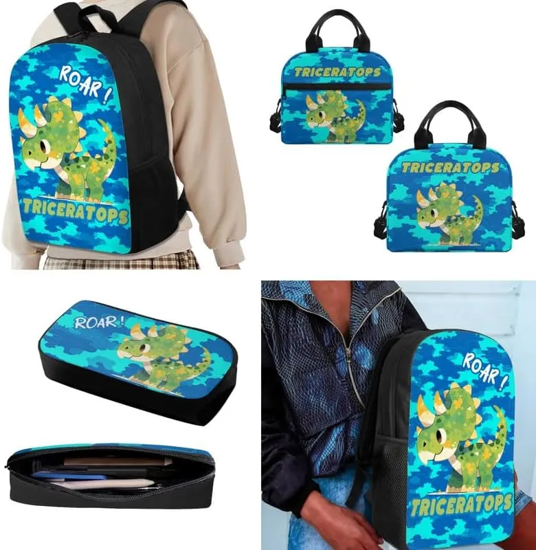 Cartoon Triceratops Camouflage 3Pcs/Sets School Bag Large Book Bags with Cute Dinosaur Camo Lunch Box Pencil Case School Shoulder Backpack for Teen Girls Boys