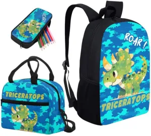 Cartoon Triceratops Camouflage 3Pcs/Sets School Bag Large Book Bags with Cute Dinosaur Camo Lunch Box Pencil Case School Shoulder Backpack for Teen Girls Boys