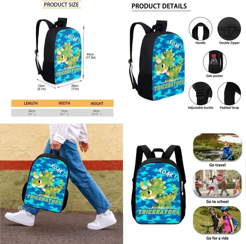 Cartoon Triceratops Camouflage 3Pcs/Sets School Bag Large Book Bags with Cute Dinosaur Camo Lunch Box Pencil Case School Shoulder Backpack for Teen Girls Boys