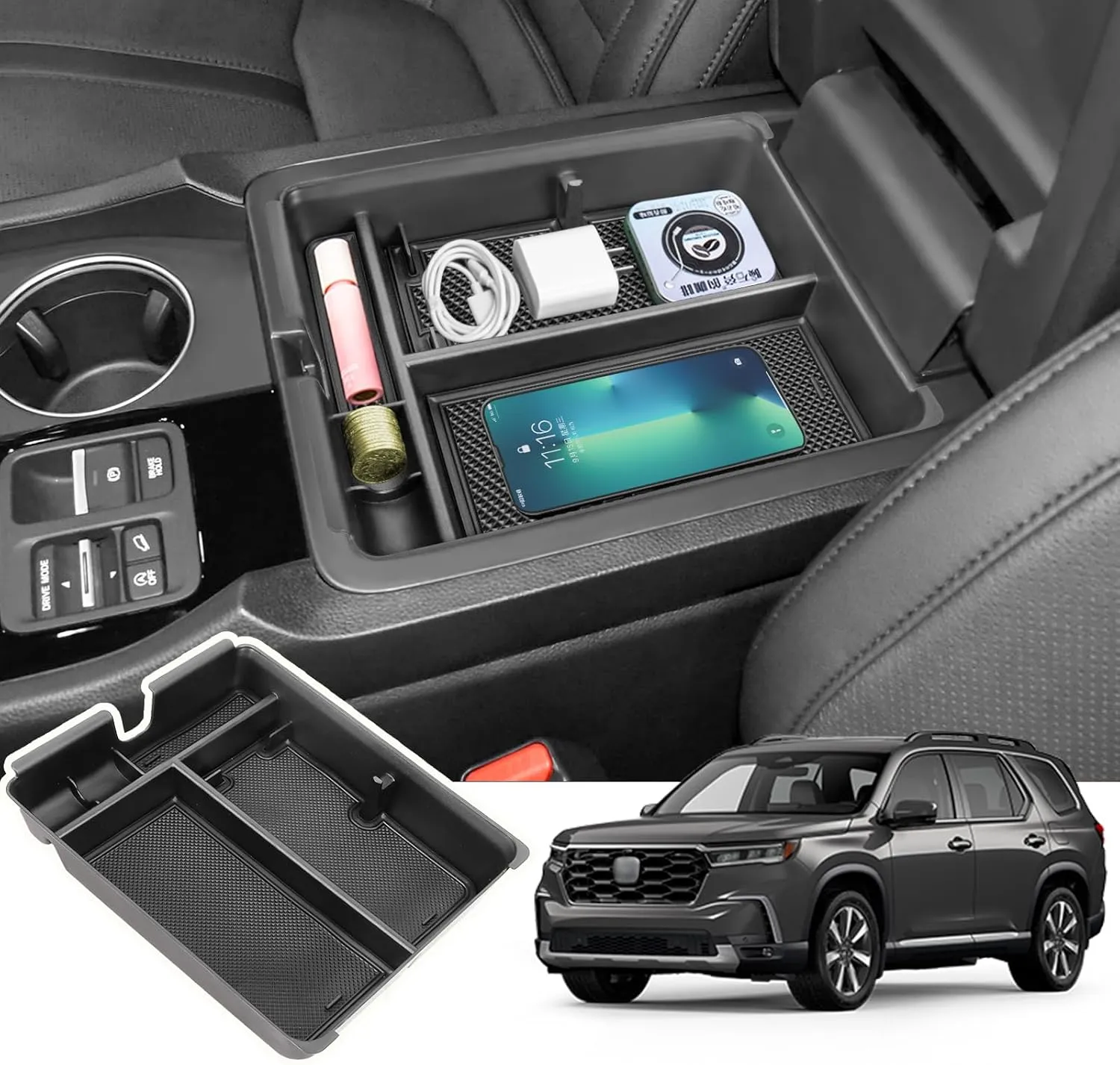 Center Console Organizer Tray Compatible with 2023-2025 Honda Pilot, 2024 2025 Ridgeline, 2024-2026 Passport Insert Storage Organizer Interior Divider Accessories (Armrest storage Tray)