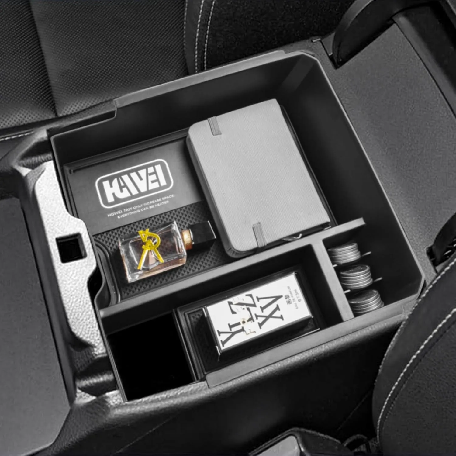 Center Console Organizer Tray Compatible with 2024 2025 Ford Ranger & Ranger Raptor Interior Accessories, Coin Container Armrest Storage Box(Electric handbrake Version), Black
