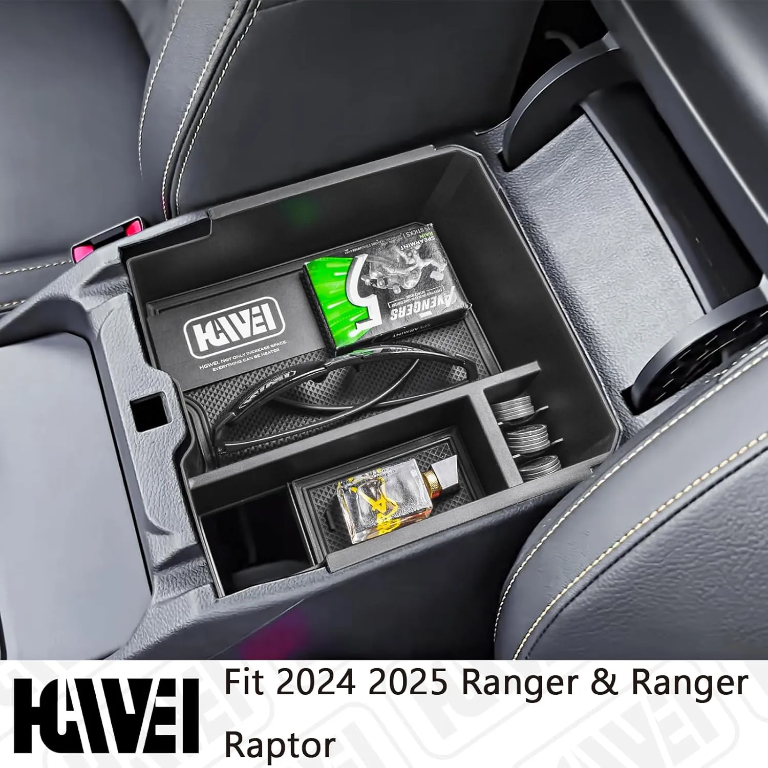 Center Console Organizer Tray Compatible with 2024 2025 Ford Ranger & Ranger Raptor Interior Accessories, Coin Container Armrest Storage Box(Electric handbrake Version), Black