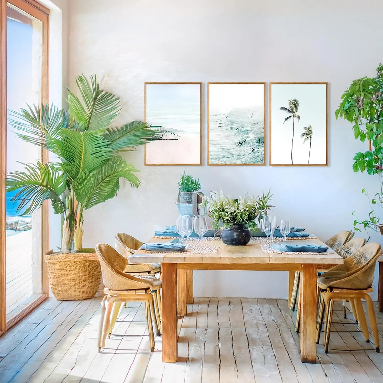 CHDITB Tropical Surf Scene Framed Canvas Wall Art Set Of 3, Coastal Wall Decor, Ocean Inspired Beach Wall Painting, Neutral Seascape Palm Tree Art Prints For Living Room Bedroom Decor (12x16 Inch)