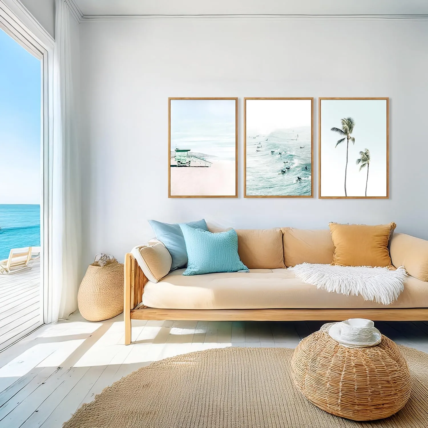 CHDITB Tropical Surf Scene Framed Canvas Wall Art Set Of 3, Coastal Wall Decor, Ocean Inspired Beach Wall Painting, Neutral Seascape Palm Tree Art Prints For Living Room Bedroom Decor (12x16 Inch)
