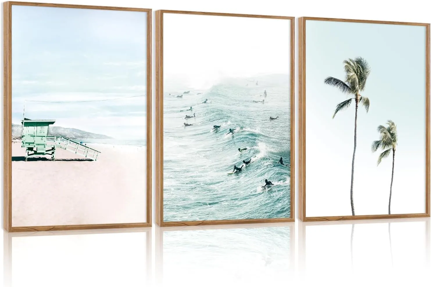 CHDITB Tropical Surf Scene Framed Canvas Wall Art Set Of 3, Coastal Wall Decor, Ocean Inspired Beach Wall Painting, Neutral Seascape Palm Tree Art Prints For Living Room Bedroom Decor (12x16 Inch)