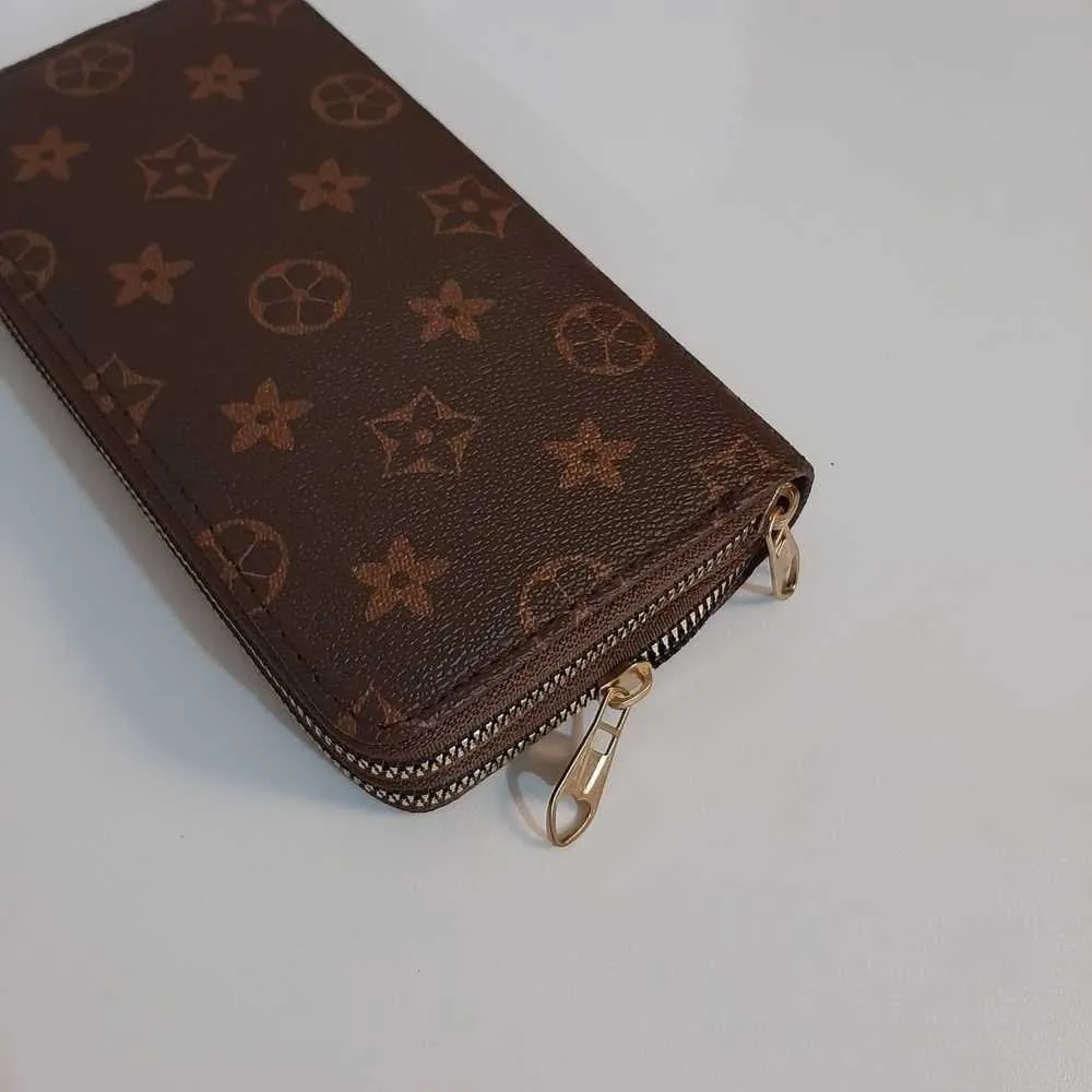Check Design Double Zip Wallet - Black/Brown - W15