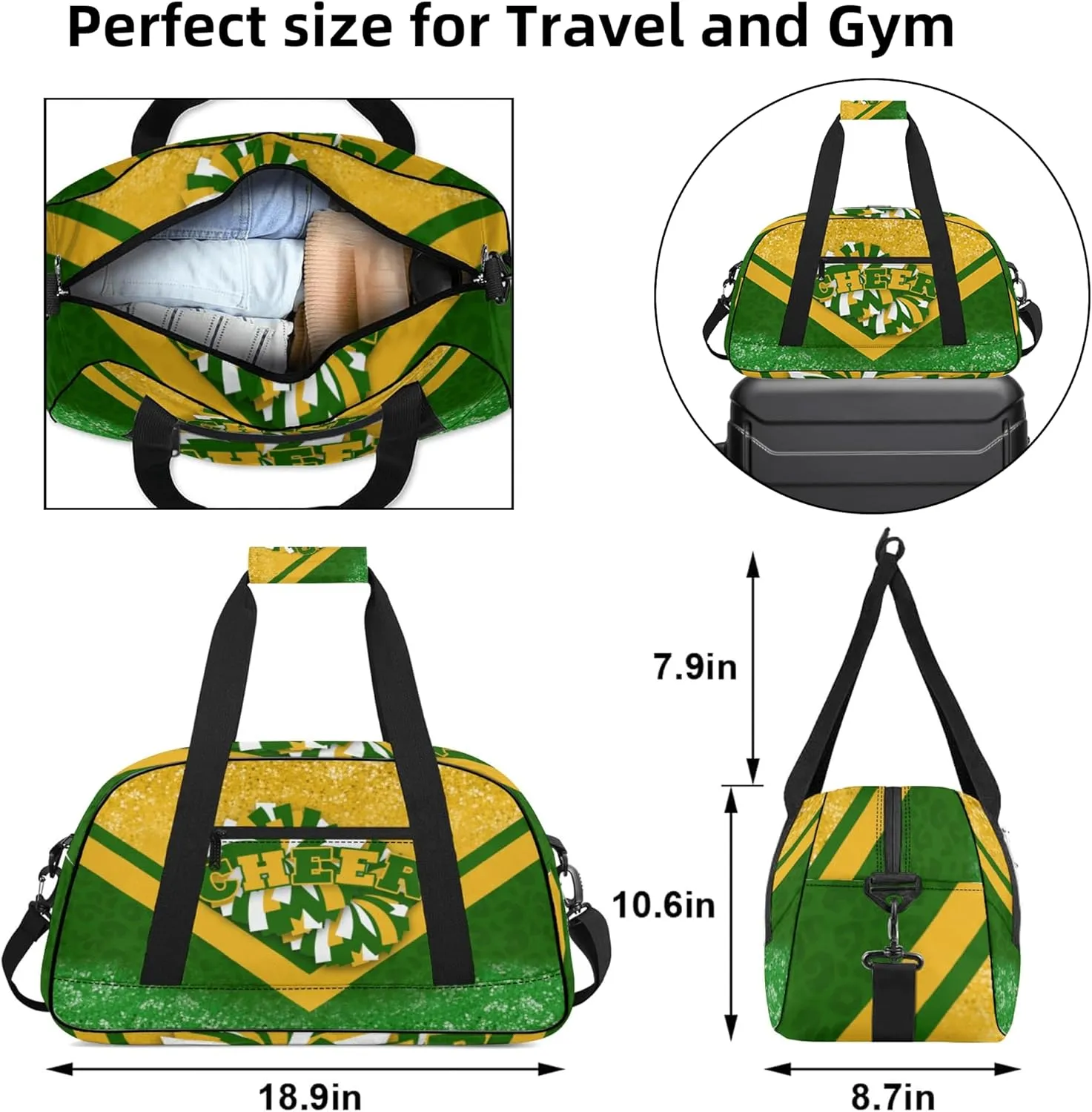 Cheer Duffle Bag for Cheerleaders, Cheerleading Gym Bag for Women, Carry on Weekender Bags, Travel Bag Duffel Bag (Gold&Green)