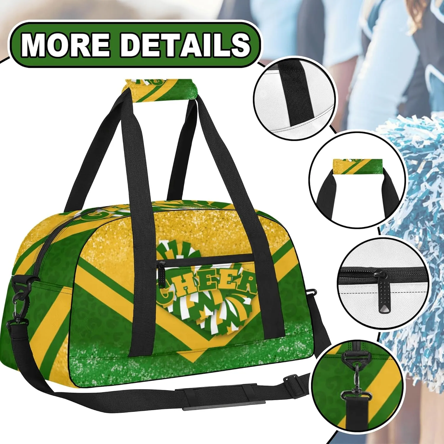 Cheer Duffle Bag for Cheerleaders, Cheerleading Gym Bag for Women, Carry on Weekender Bags, Travel Bag Duffel Bag (Gold&Green)