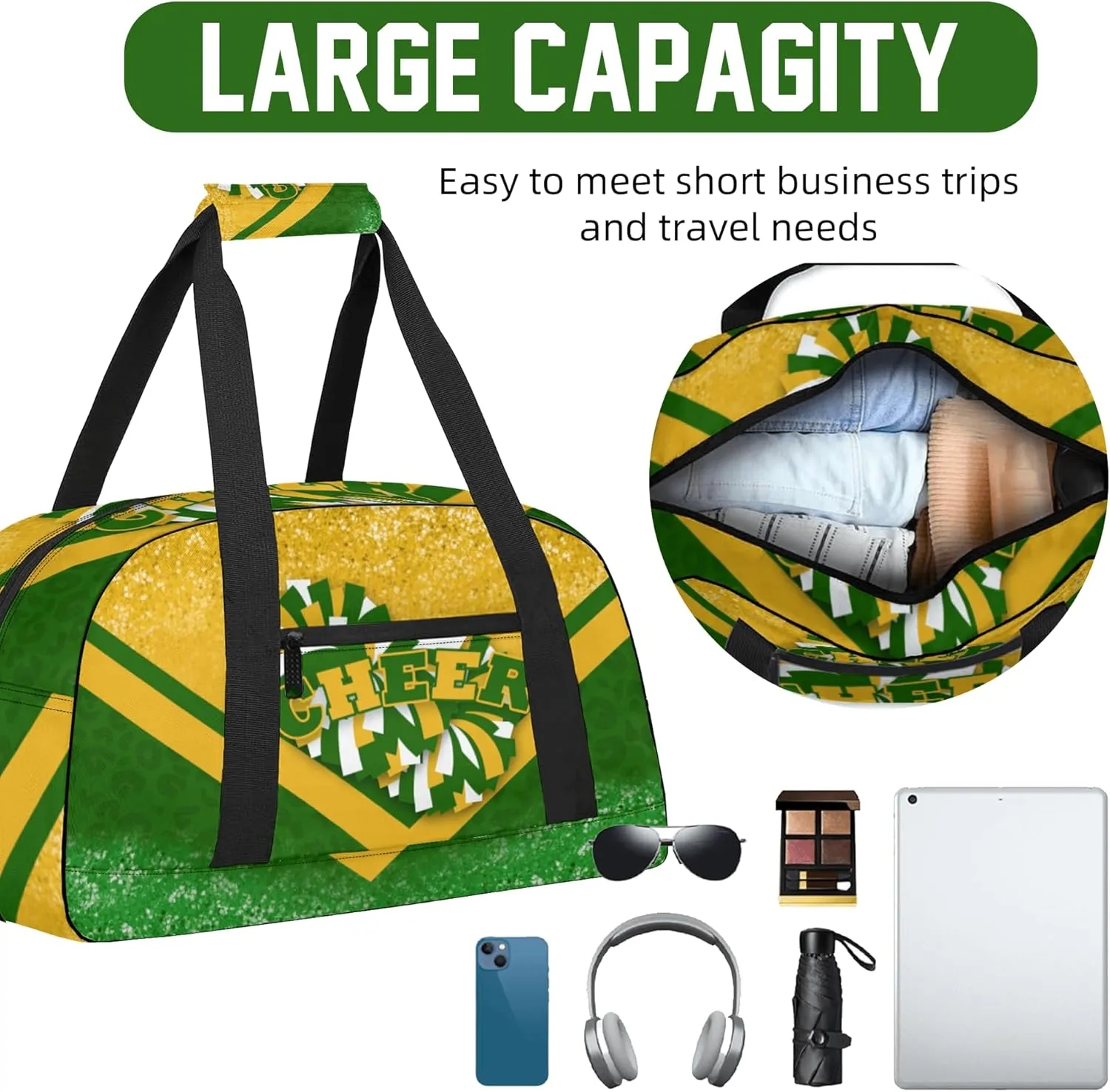 Cheer Duffle Bag for Cheerleaders, Cheerleading Gym Bag for Women, Carry on Weekender Bags, Travel Bag Duffel Bag (Gold&Green)